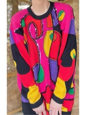 Vintage 90s IB Diffusion Funky Retro Colorful Sequin Knit Crewneck Tunic Sweater